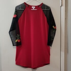 LulaRoe  Women's Top Red /With Black Mesh Floral Embroidered Sleeves Size XL